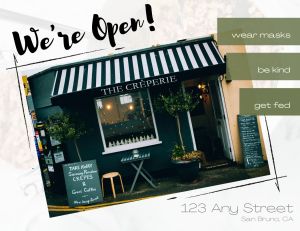 Sign/poster/postcard for small businesses: Yes, we're open! (front)
