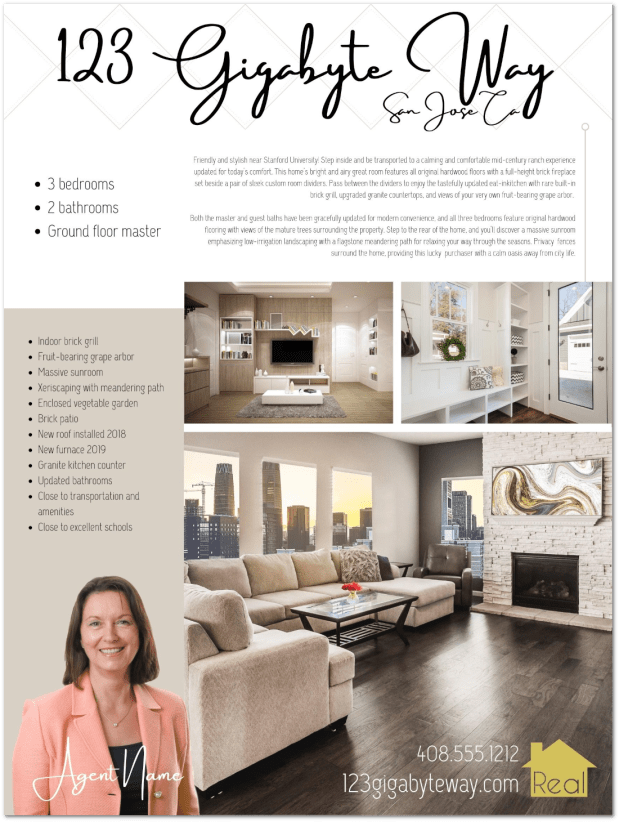 Sample real estate listing flyer with professional property description copywriting